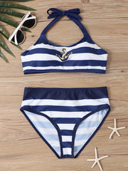 Striped Print Halter Bikini Set Tie Neck Swimsuit Women's Swimwear