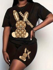 Cartoon Rabbit Print Top & Shorts Set