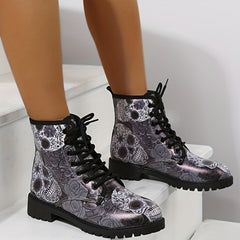 Skull & Flower Round Toe Ankle Boots Chunky Low Heel Short Boots