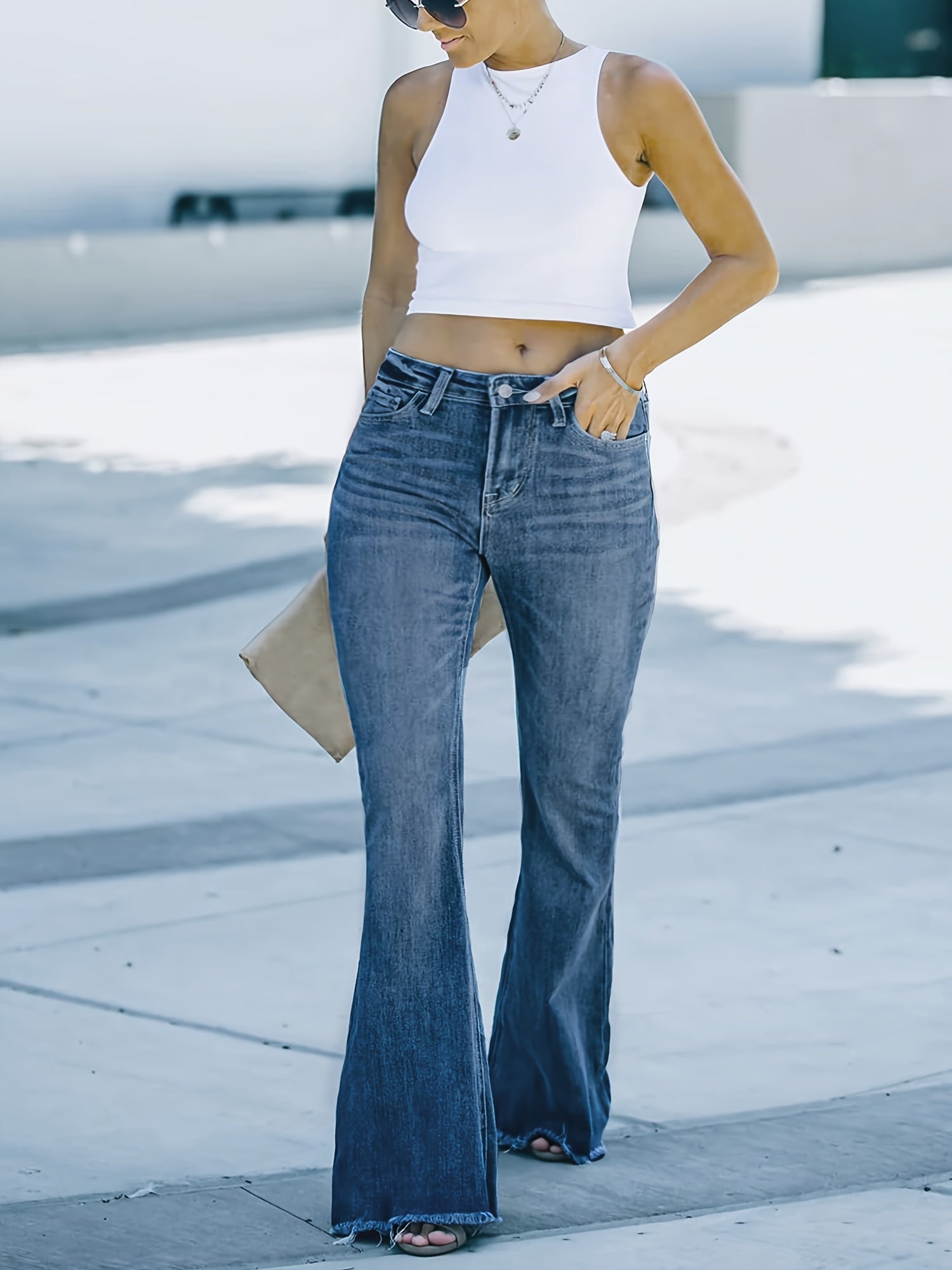 Casual Flared Leg Jeans with Raw Trim Button Fly
