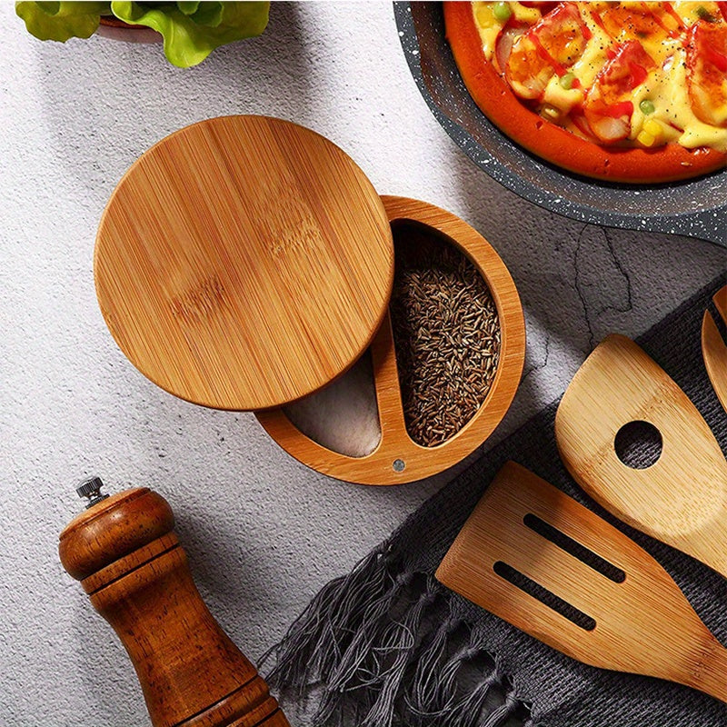 Bamboo Salt Jar with Spoon and Rotating Lid for Seasoning Storage