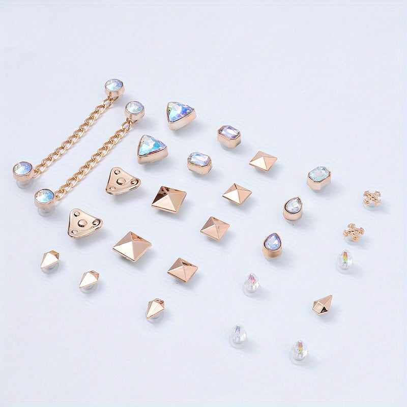 26pcs Punk Rhinestones & Chain Shoe Charms For Clogs Garden Shoes DIY