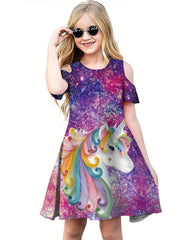 Summer Girls Fancy Horse Cartoon 3D Print Dresses Kids Party Princess Dress