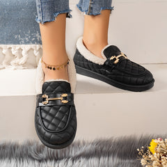 Women's Metal Buckle Fleece Loafers Slip On Shoes