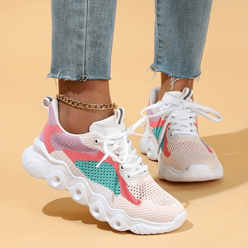 Women's Colorblock Sneakers Breathable Casual Lace Up Lightweight Running Shoes