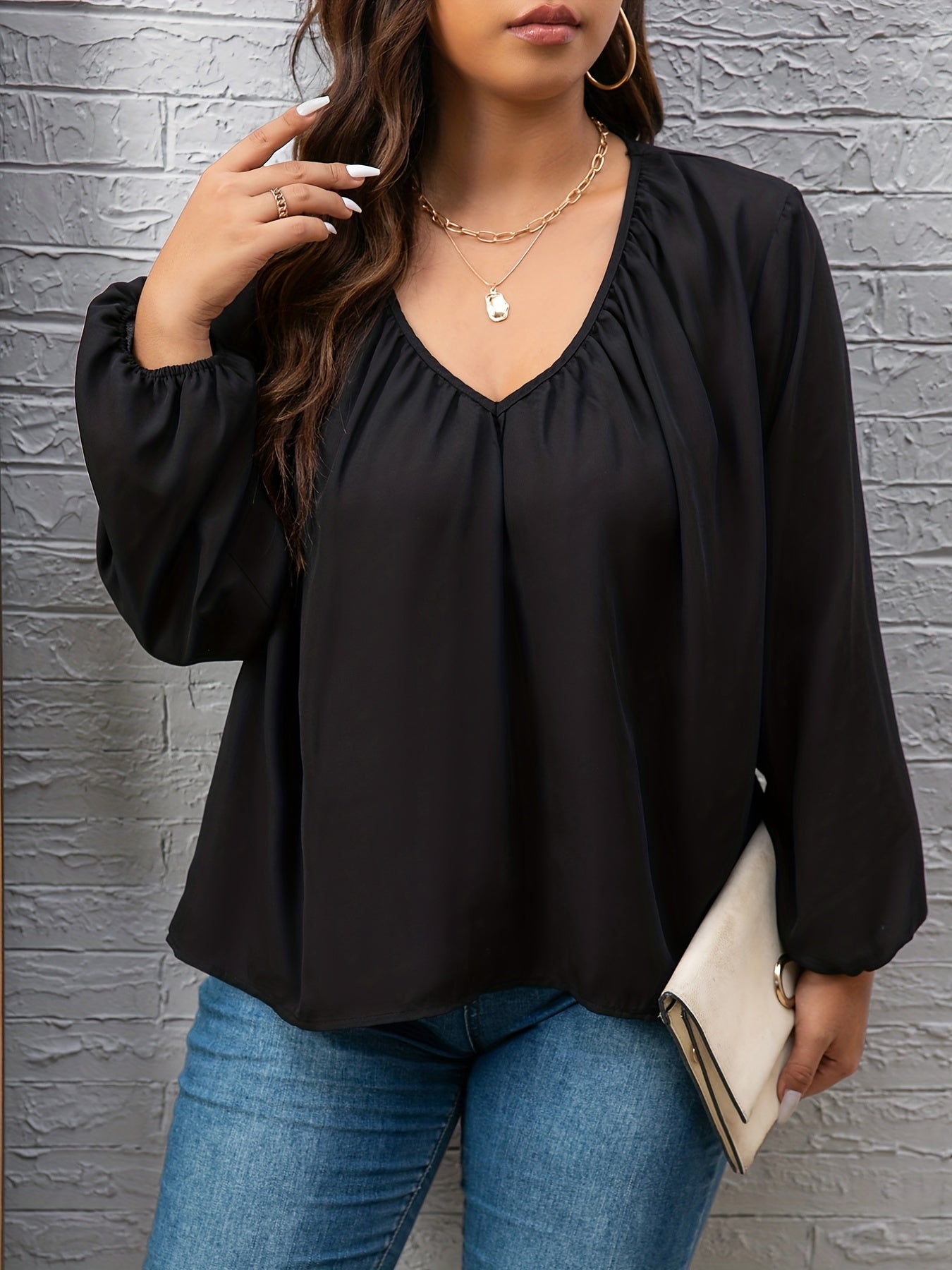 Solid Lantern Sleeve V Neck Ruched Loose Top