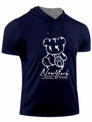 Men's Bear Graphic Hooded T shirt BEAR PRINT Casual Slightly Stretch Tee