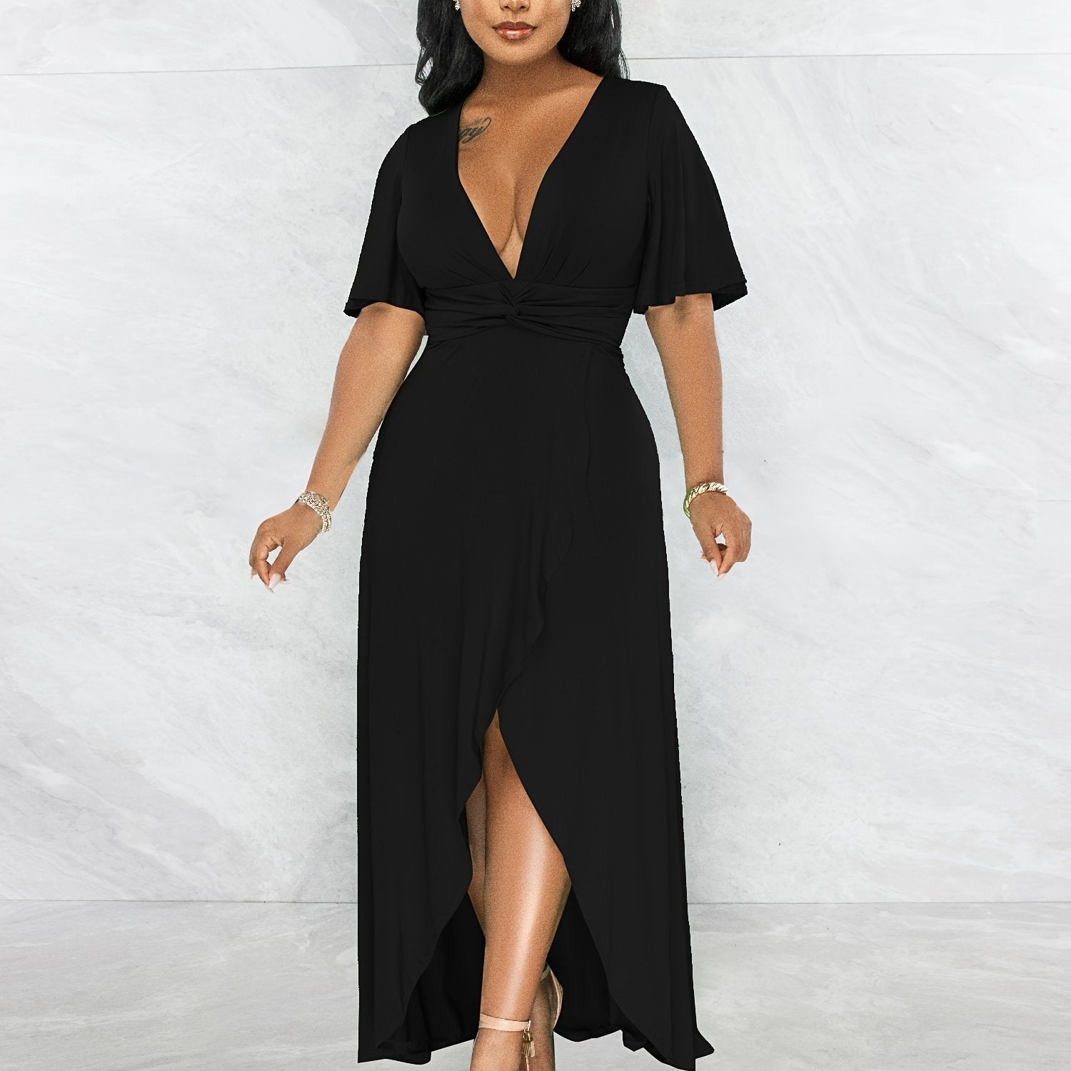 Sexy Plunging Neck Maxi Dress with Ruffle Trim