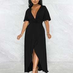 Sexy Plunging Neck Maxi Dress with Ruffle Trim