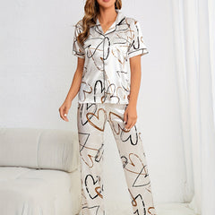 Heart Print Pajama Set Short Sleeve Buttons Top & Elastic Waistband Pants