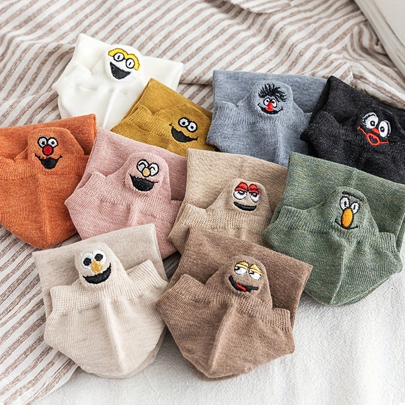 10 Pairs Kids Cotton Anime Smile Face Embroidered Ankle Socks