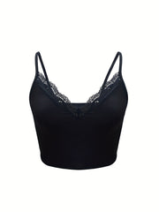Lace Panel Spaghetti Strap Crop Top Sexy V neck Sleeveless Cami Top