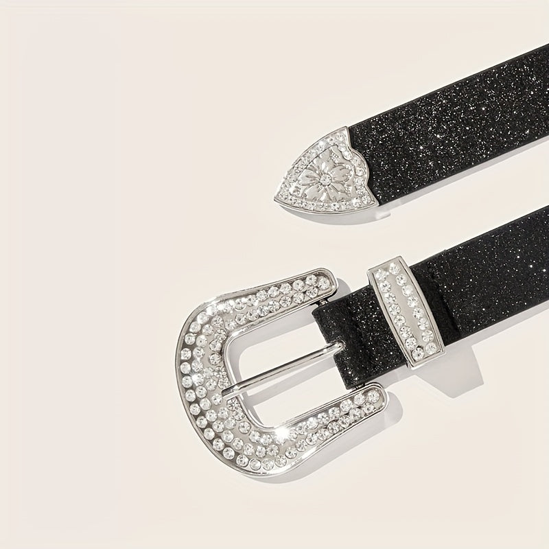 Punk PU Belt Rhinestone Buckle Western Dress Waistband
