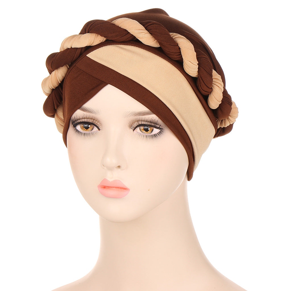 Two Tone Cable Braid Turban Cap Hat Hair Bonnet Head Scarf Wrap Cover