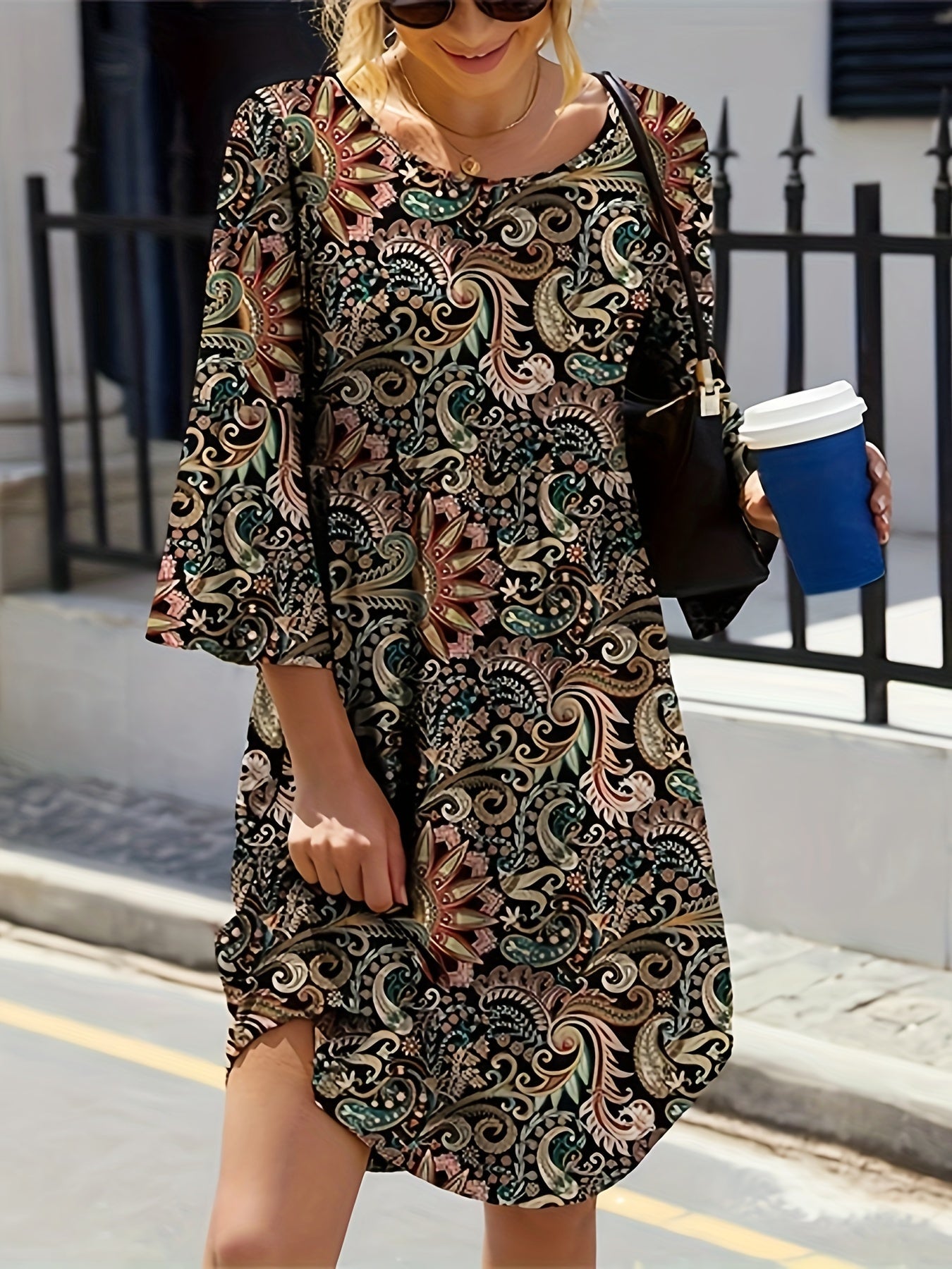 Boho Dress Women's Plus Paisley Print Bell Sleeve