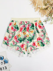 Tropical Print Lace Trim Elastic High Rise Shorts