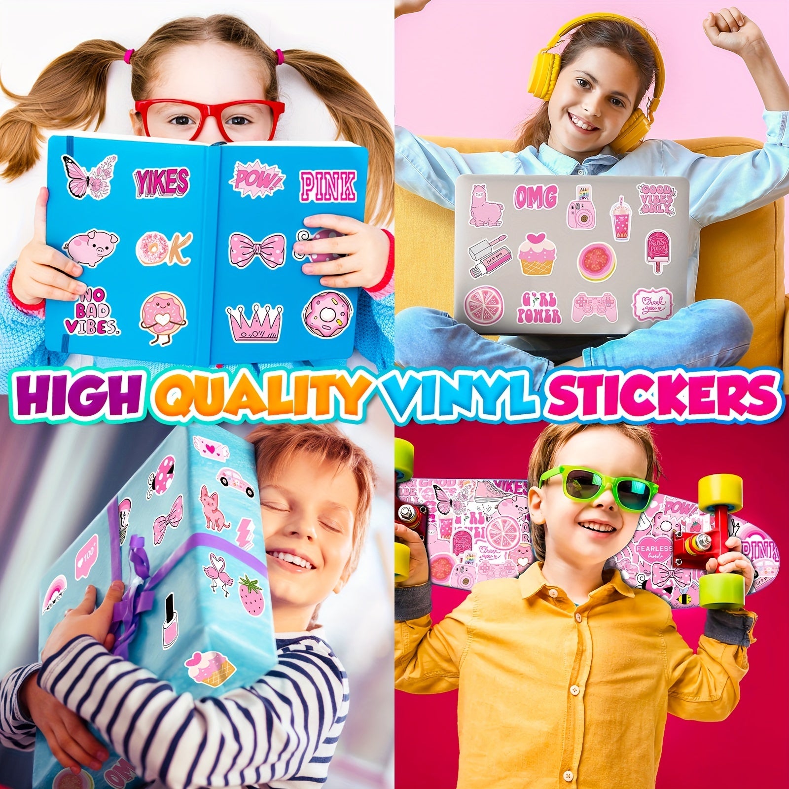 100 Pink Cartoon Vinyl Stickers for Water Bottles Laptop Luggage G