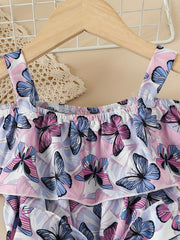 Toddler Girls Butterfly Graphic Princess Dress Cold Shoulder Ruffle Trim Belted