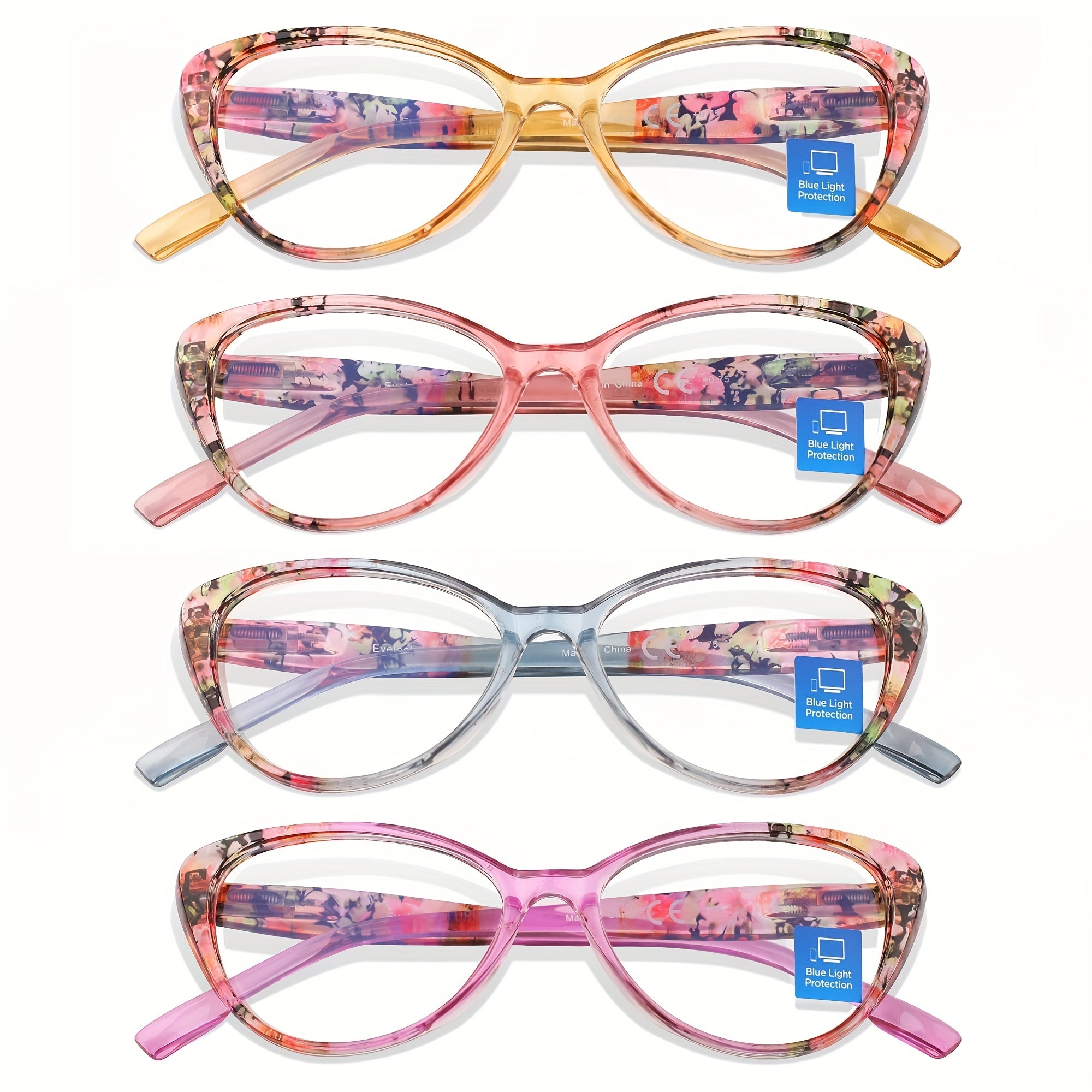 Floral Cat Eye Reading Glasses for Women Light Blocking Anti Eye Strain Glare
