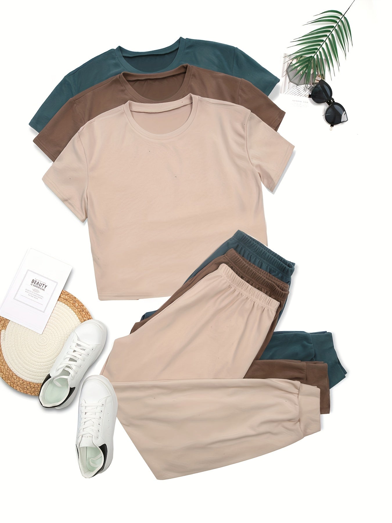 3-Piece Lounge Set Short Sleeve Crew Neck Top & Pants Women's Loungewear