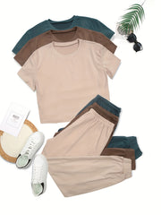3-Piece Lounge Set Short Sleeve Crew Neck Top & Pants Women's Loungewear