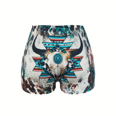 Bull Skull Print Skinny Shorts Women's Clothing
