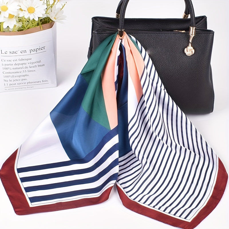 Geometric Stripe Print Bandana Silk Square Scarf Satin Shawl Neckerchief