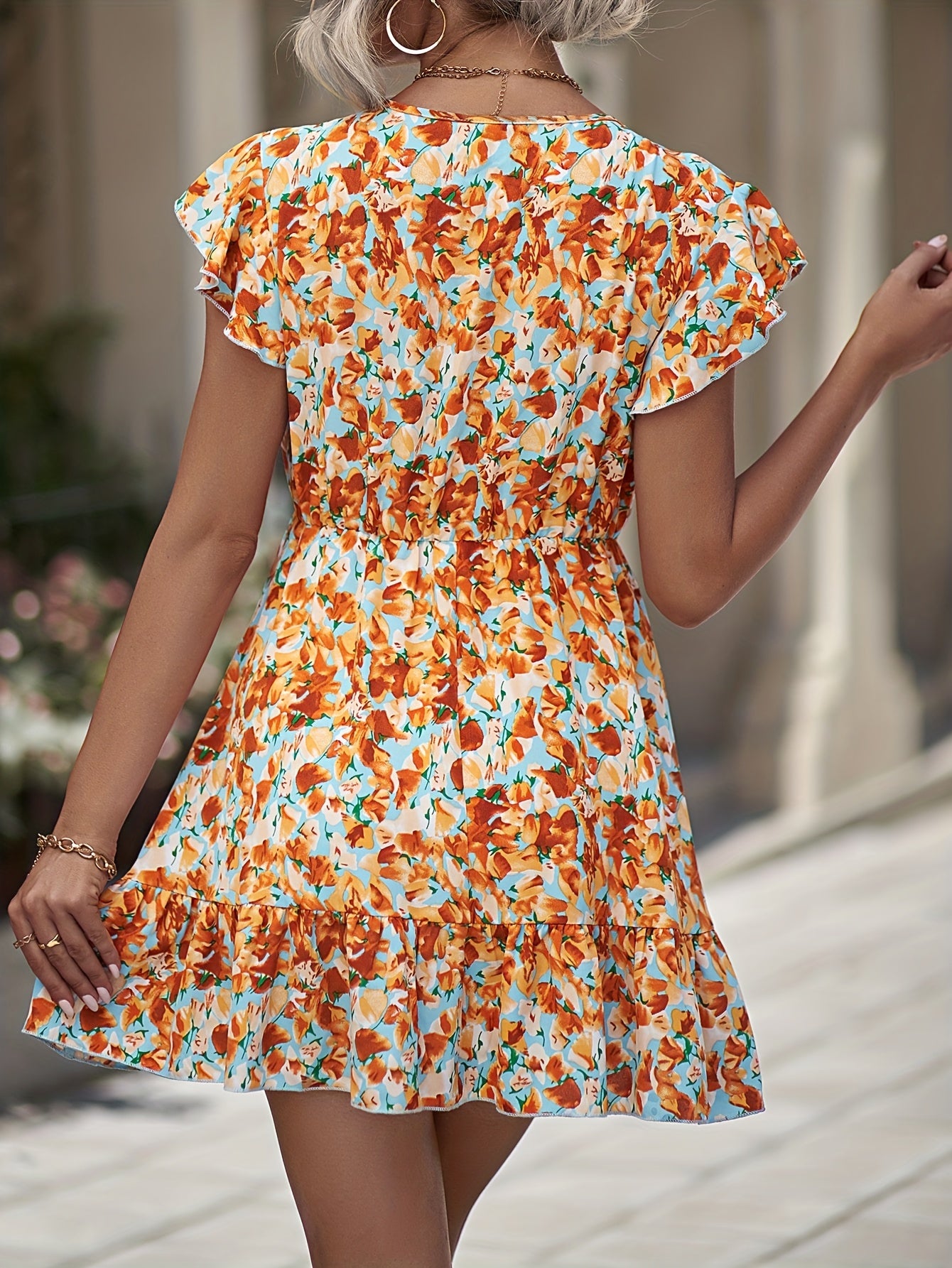 Floral Print Dress Ruffle Trim V Neck Casual Dress