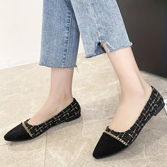 Women's Cap Toe Flat Shoes Chain Pointed Toe Tweed Ballet Flats