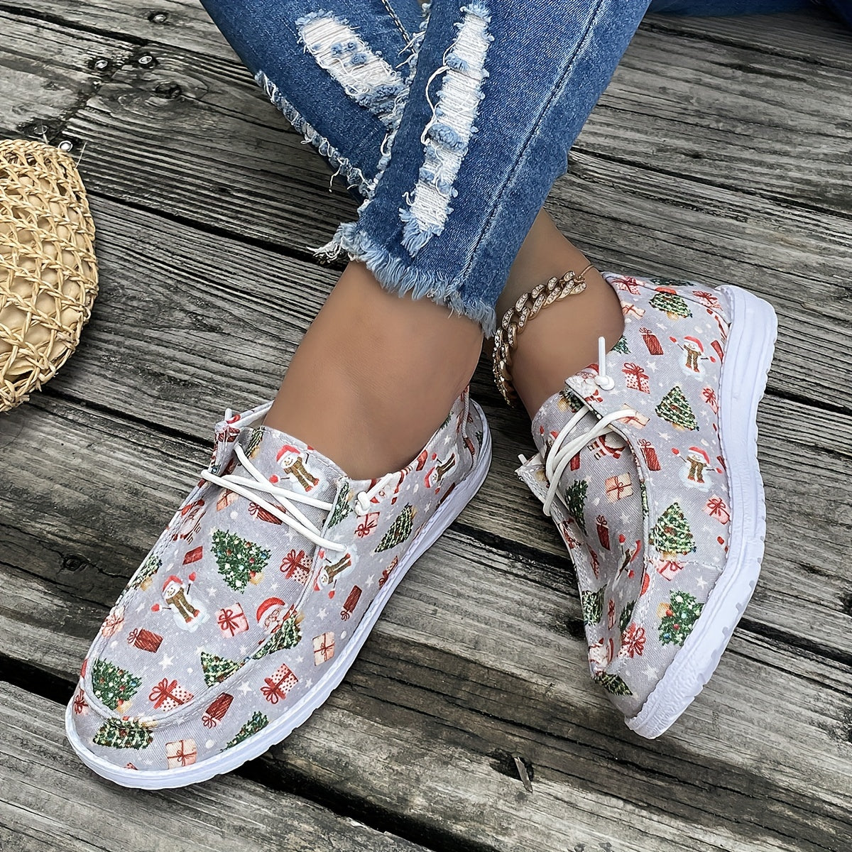 Christmas Snowman Santa Tree Cartoon Print Slip on Sneakers Lightweight Low