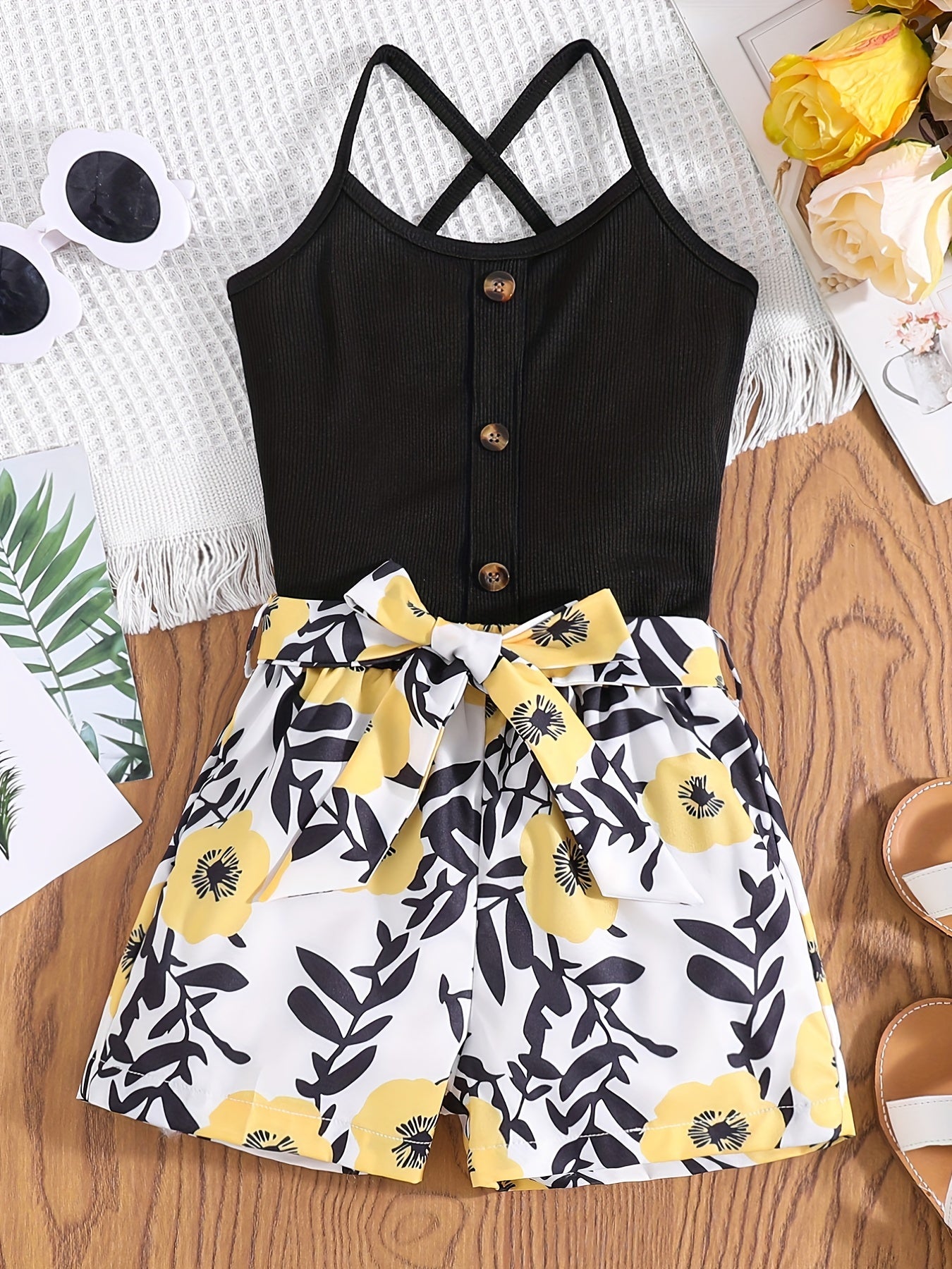 Girls Floral Sleeveless Romper with Belted Jumpsuit