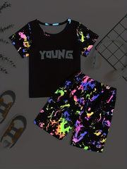 Boys Luminous Graffiti Short Sleeve T shirt&Shorts Set