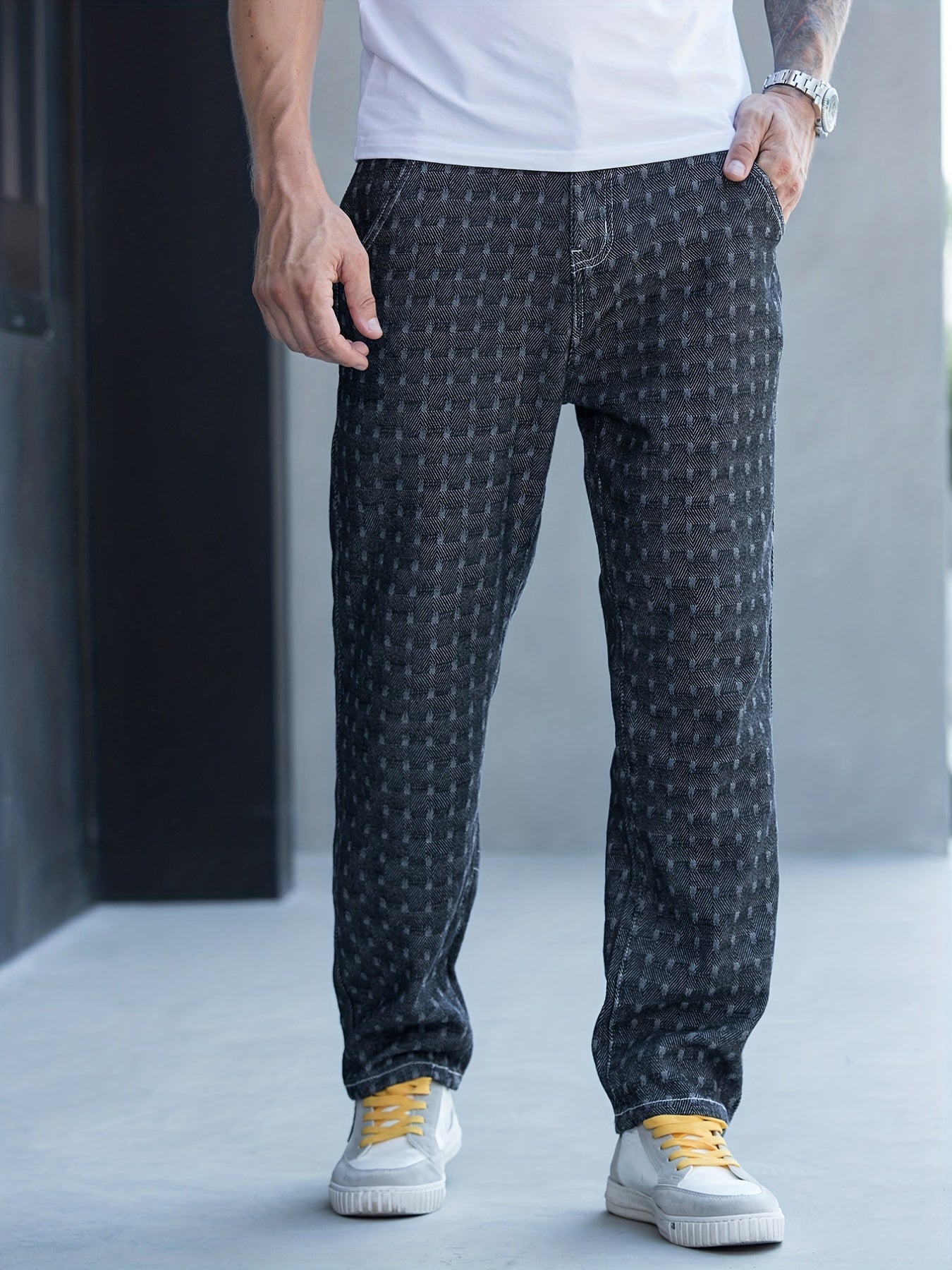 Men's Plaid Pattern Denim Jeans With Pockets