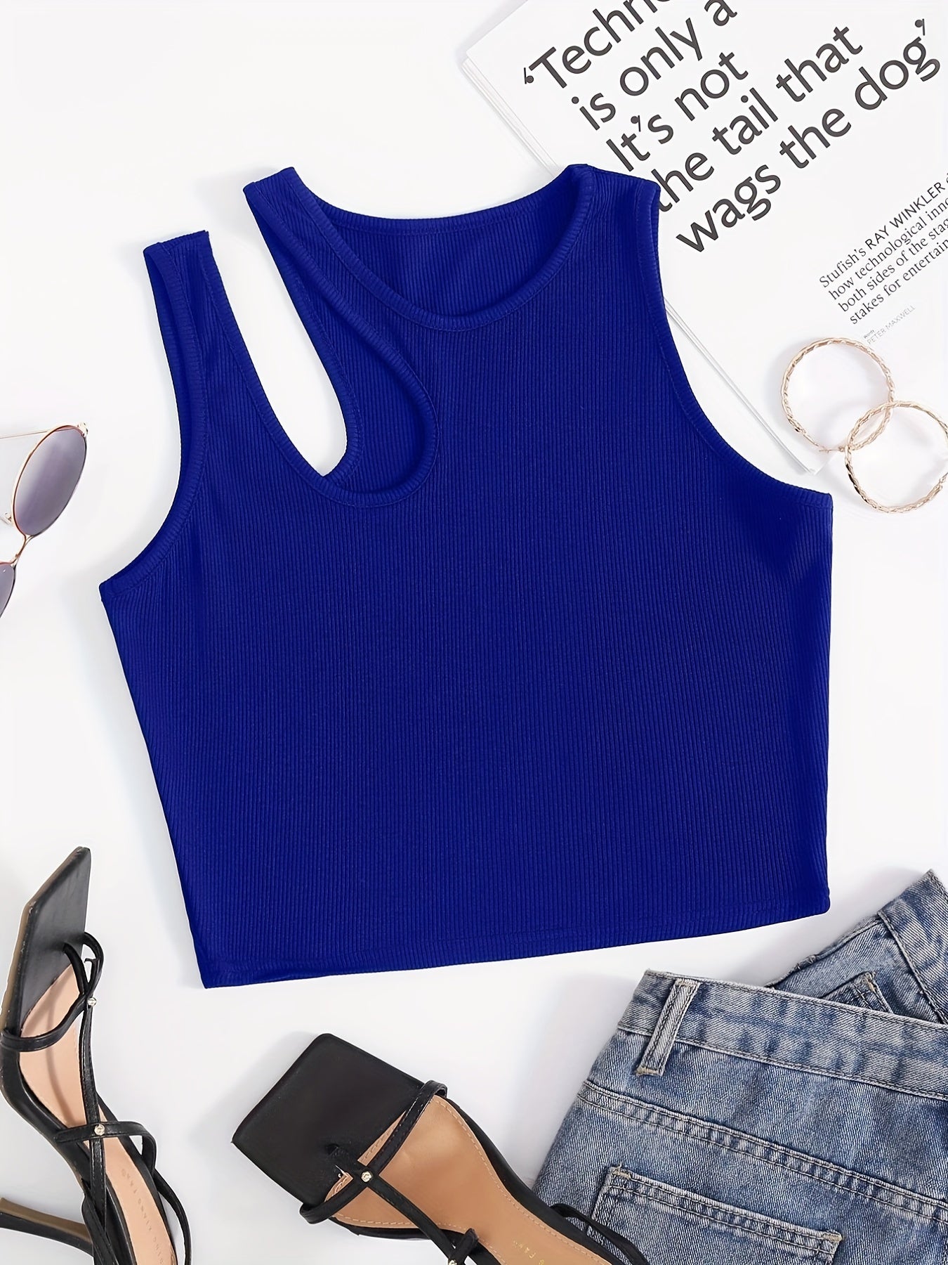 Solid Cutout Crop Tank Top Sleeveless Summer Casual Crew Neck