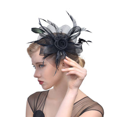 Feathers Hat Headband Mesh Ribbons Party Cocktail Women Tea Flower Bridal