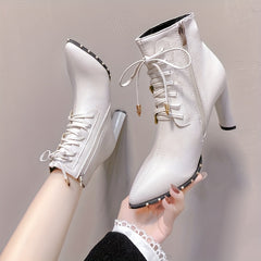 Women's Point Toe Lace Up Block Heeled Boots