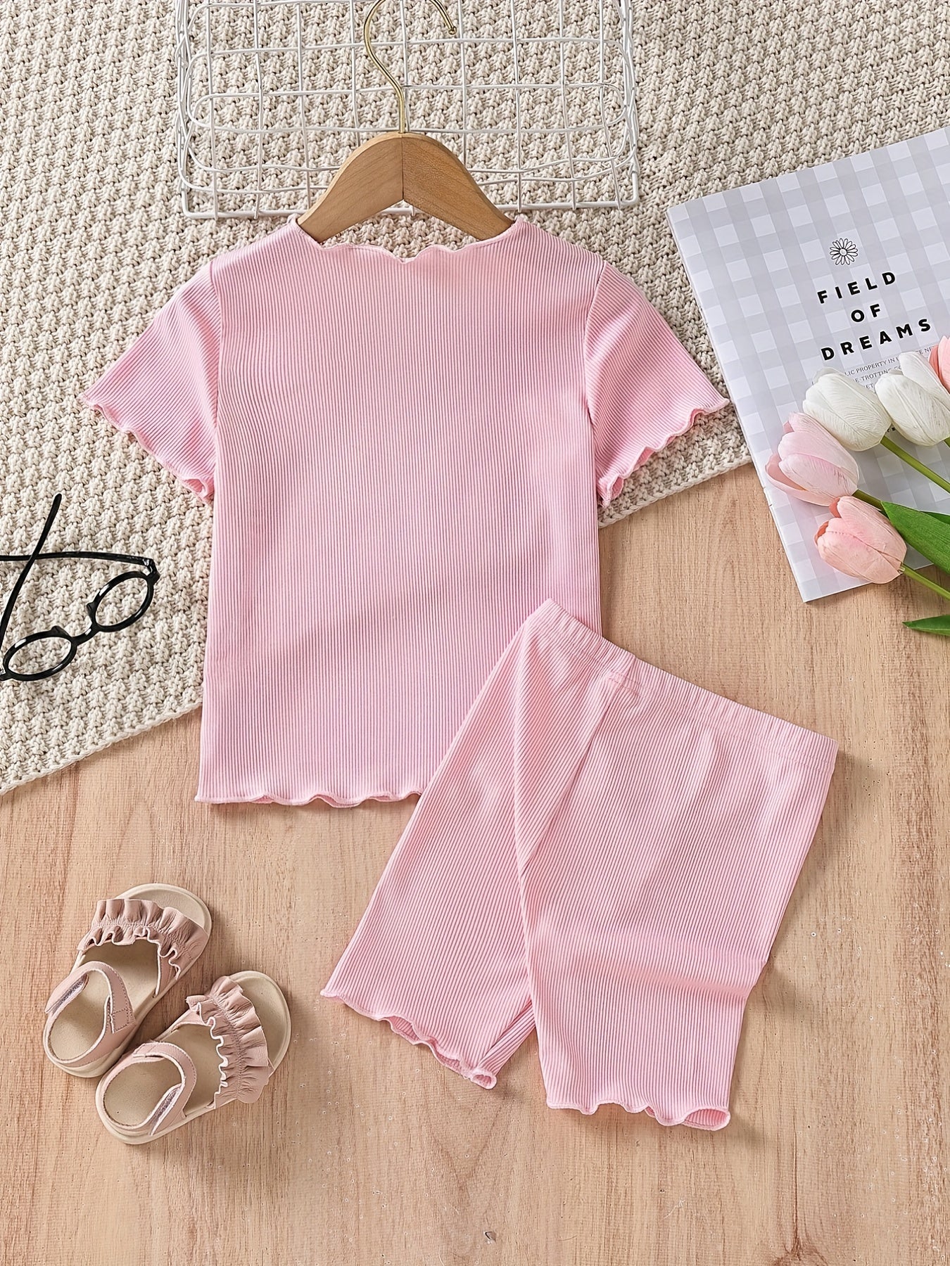 Girls Solid Bustier Round Neck Short Sleeve Pullover & Solid Shorts