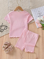 Girls Solid Bustier Round Neck Short Sleeve Pullover & Solid Shorts