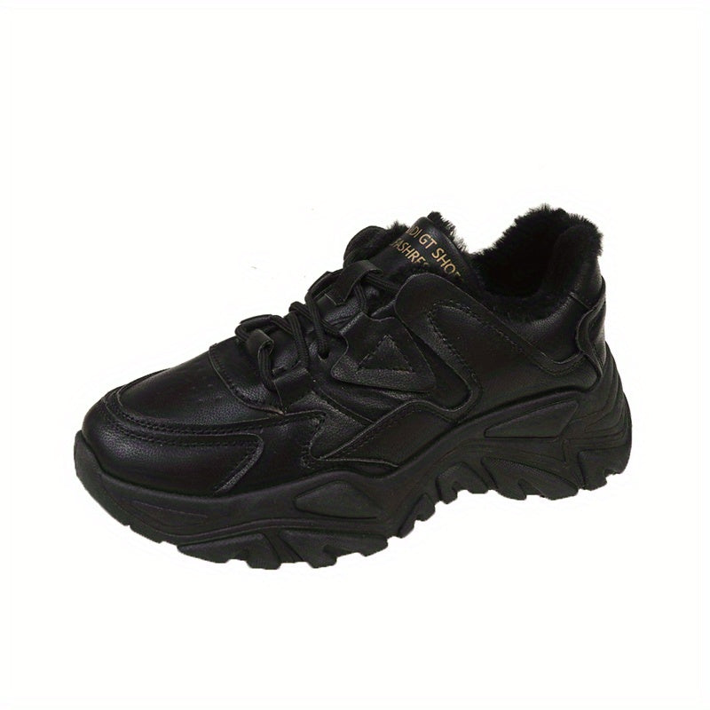 Women's Plush Lined Chunky Sneakers Solid Lace Up Low Top Trainers