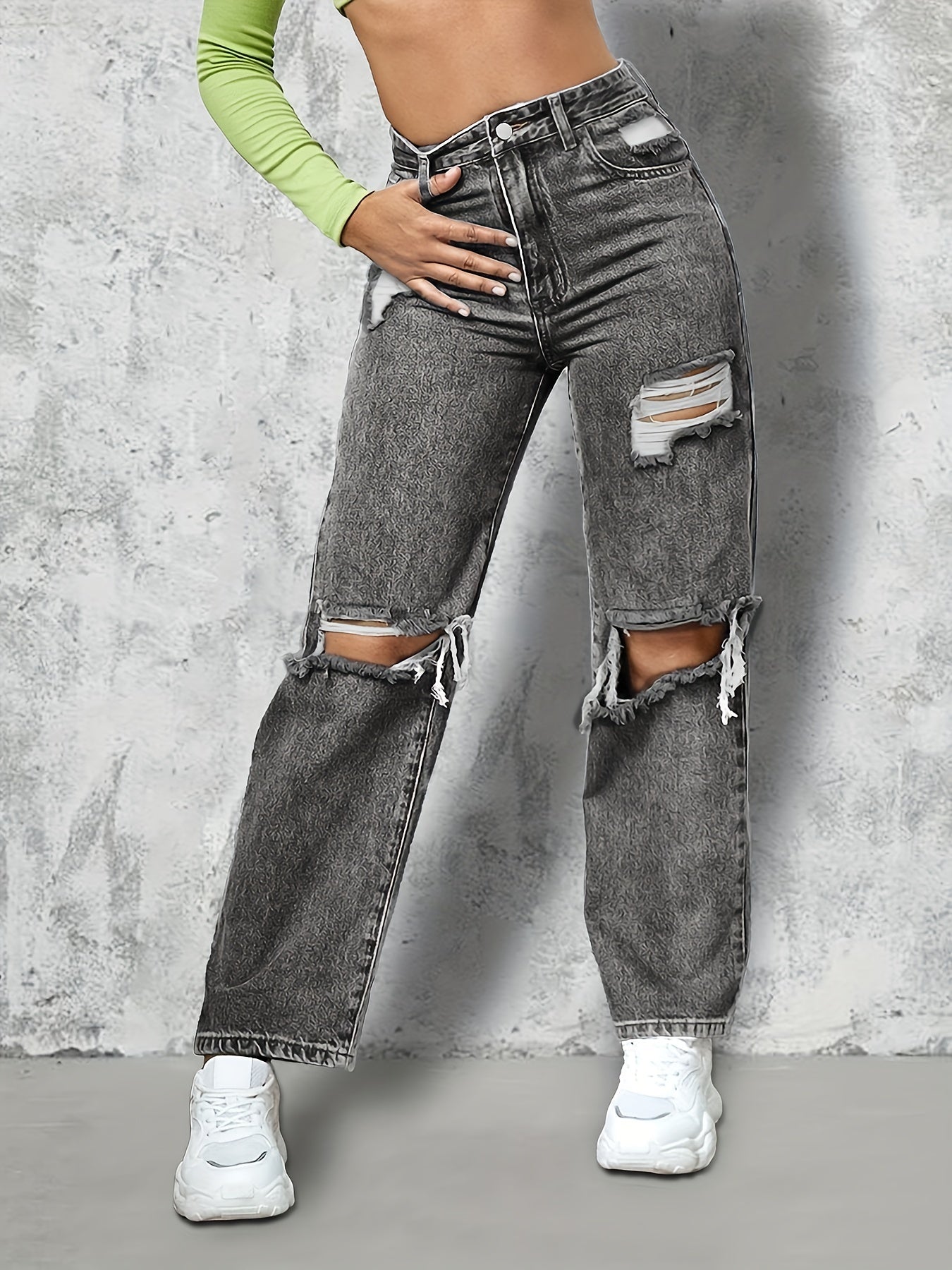 Grey Ripped Holes Straight Jeans Distressed Loose Fit Slash Pockets Denim Pants