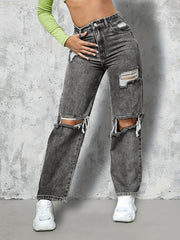 Grey Ripped Holes Straight Jeans Distressed Loose Fit Slash Pockets Denim Pants