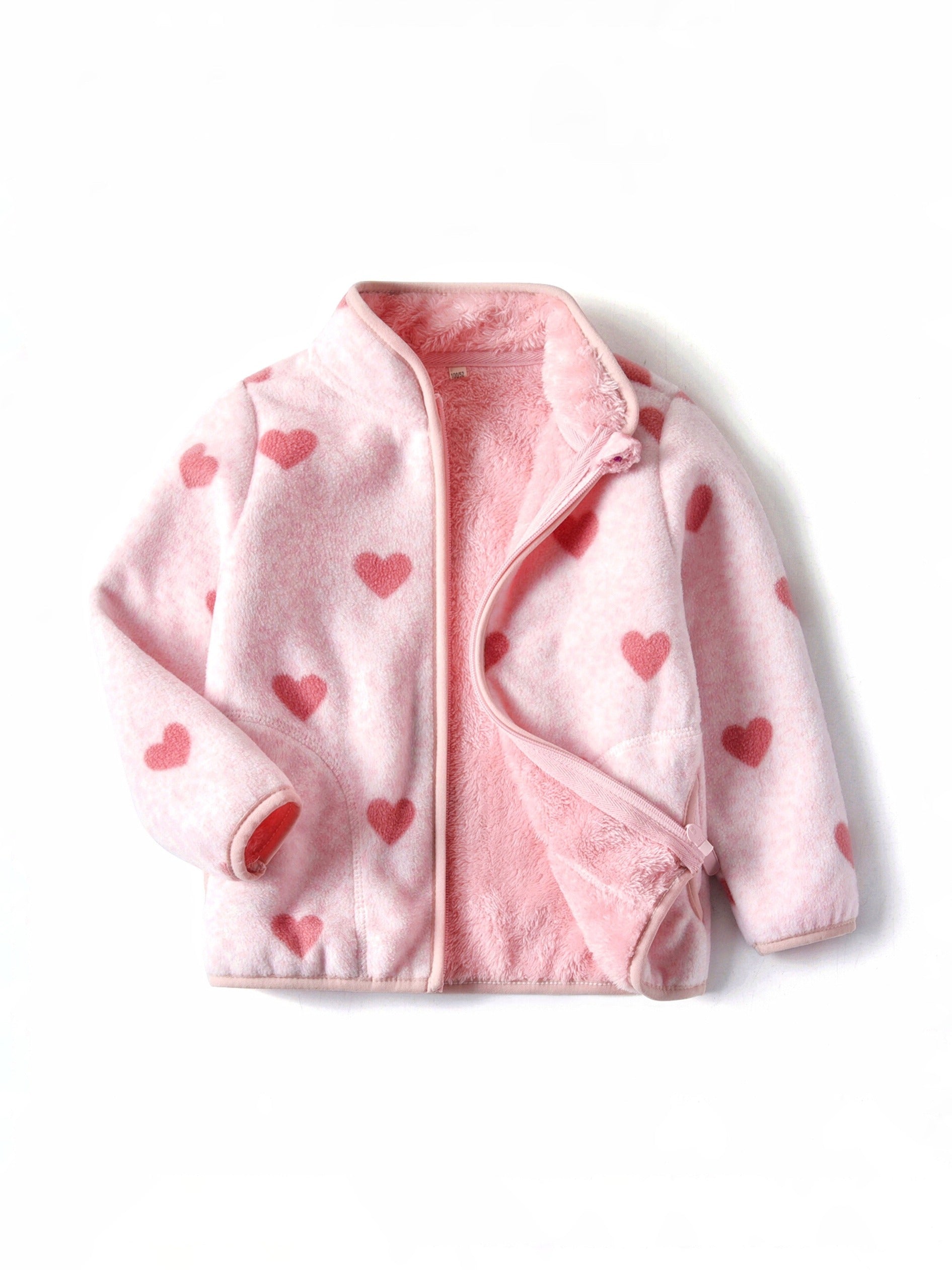 Girls Fleece Heart Printed Zipper Jacket for Outdoor