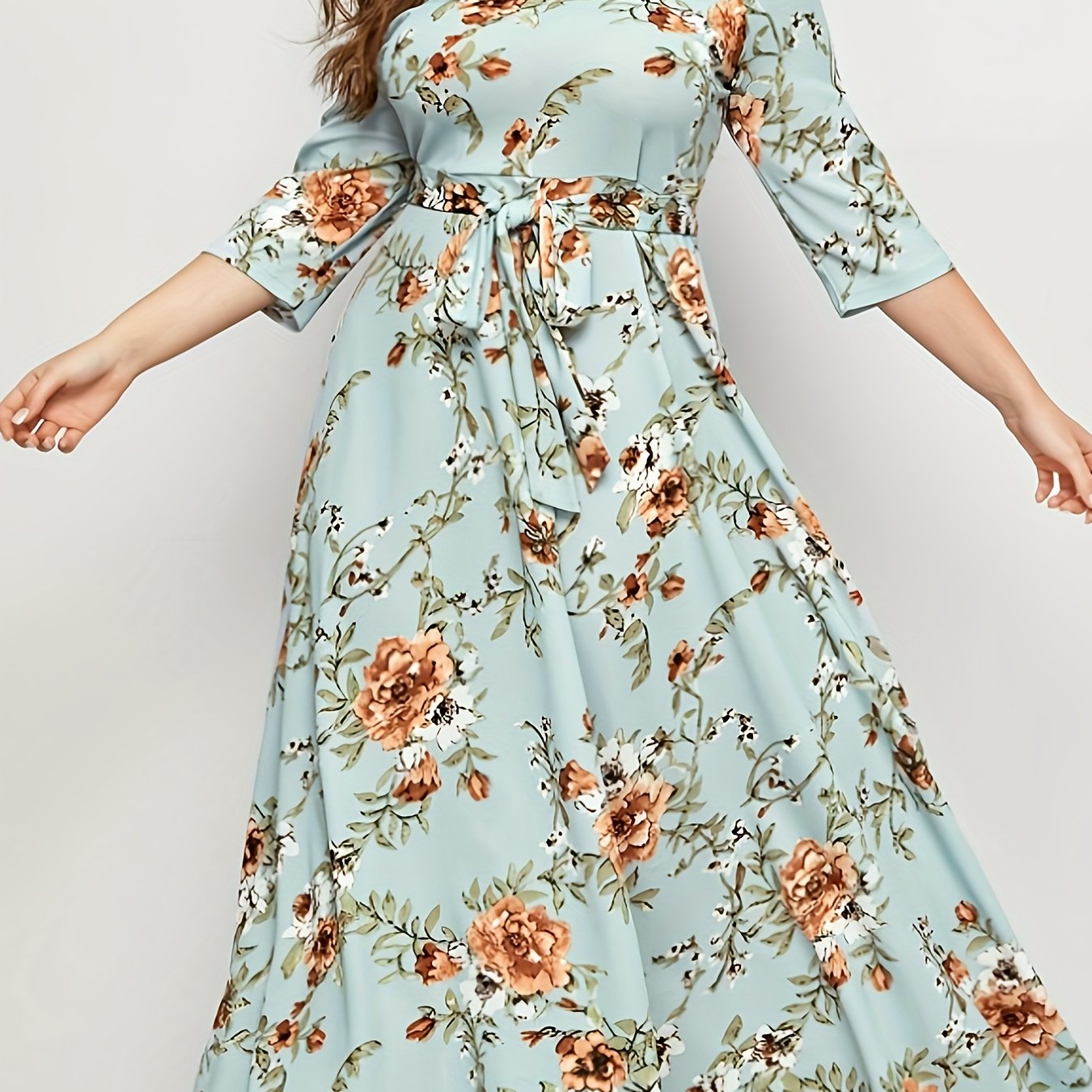 Floral Print Maxi Dress with Belt for Plus Size Women