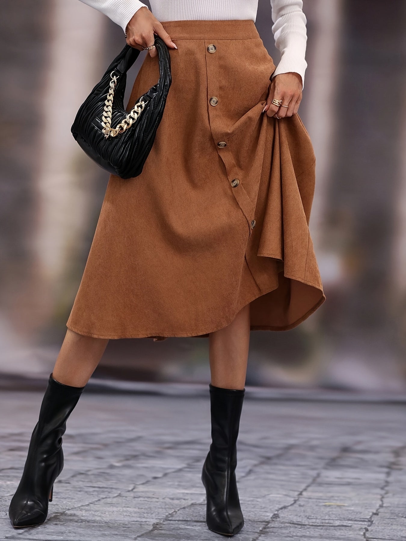 Faux Suede Long Skirt - High Waist Button Skirt