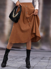 Faux Suede Long Skirt - High Waist Button Skirt