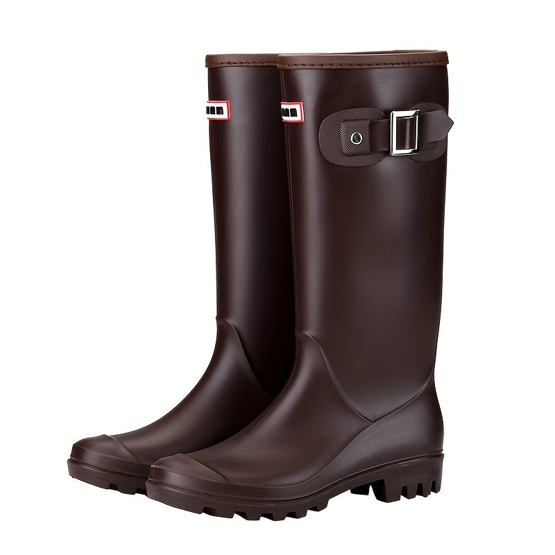 Women's High Top Buckle Rain Boots Waterproof & Wear Resistant