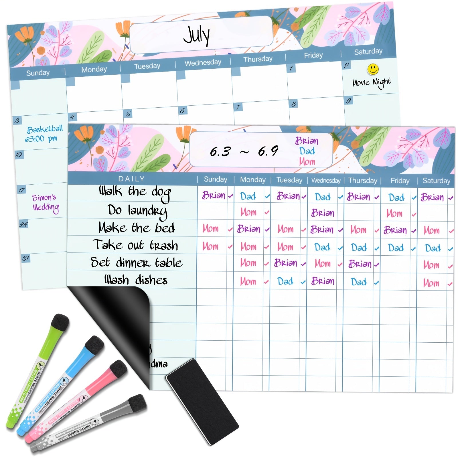 Magnetic Dry Erase Fridge Calendar and Chore Chart