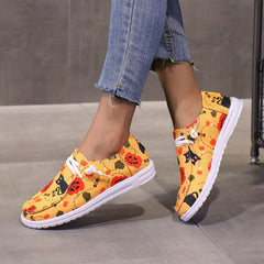 Scary Cat Pumpkin Print Slip On Sneakers Lightweight Comfortable Boat Shoes