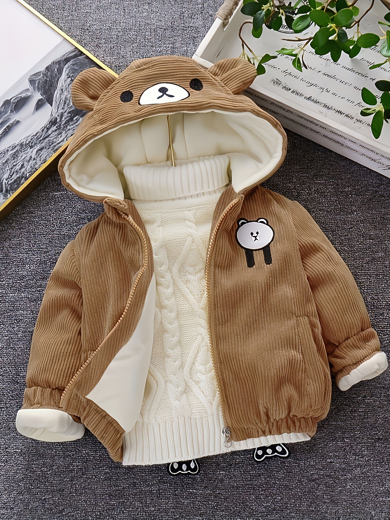 Kids Winter Thick Bear Coat Baby Corduroy Hooded Jacket