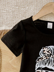 2pcs Girls Casual Round Neck Shirt Top And Leopard Print Skirt Set